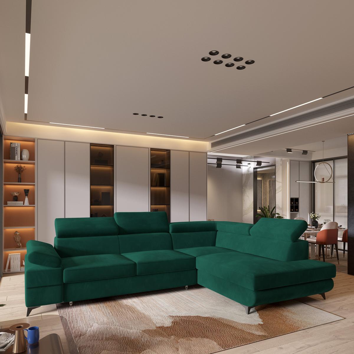 ECKSOFA FAVIEN R-S Grün Velours-Stoff mit Schlaffunktion - Grün, Holz (257/190cm) - MASSENO
