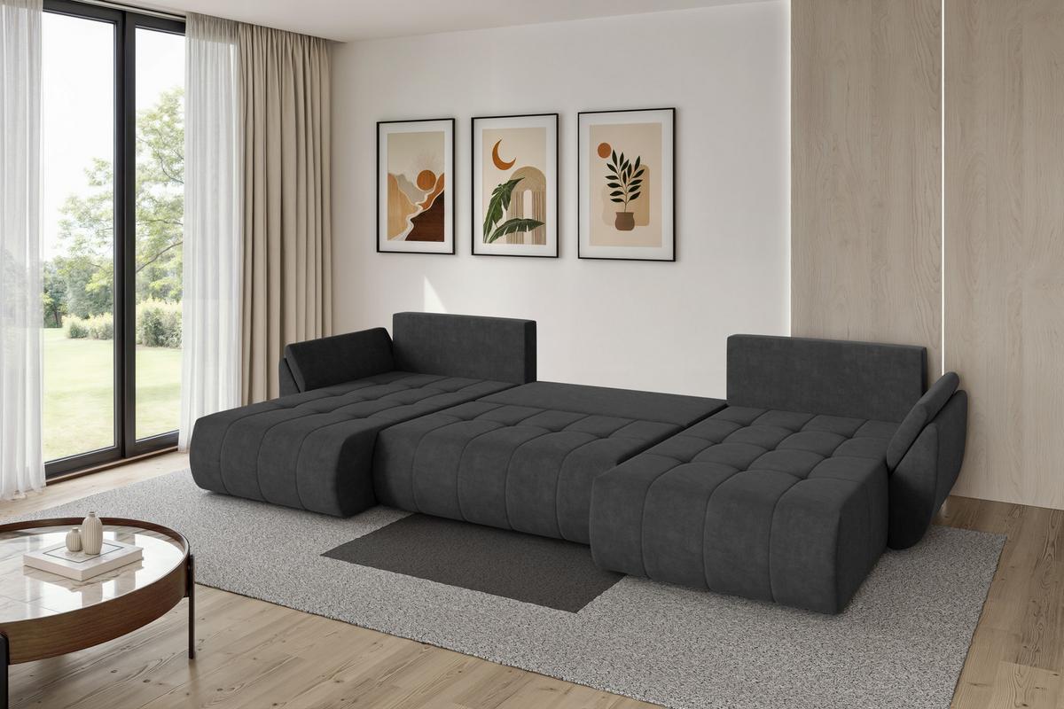 WOHNLANDSCHAFT mit Schlaffunktion und Bettkasten TOKO-U 378x194x86 Dunkelgrau Velours - Anthrazit/Schwarz, Holzwerkstoff/Kunststoff (378/86/194cm) - ALTDECOR