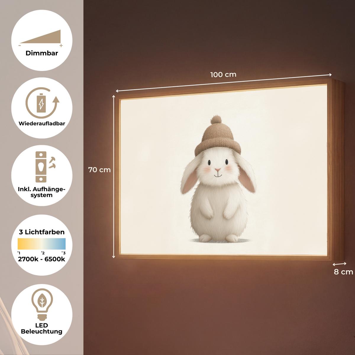 NACHTTISCHLAMPE MIT AKKU Kaninchen - Hut - Ohren - Beige 100x70 cm - Creme, Holzwerkstoff (8/100/70cm) - OnlyWow