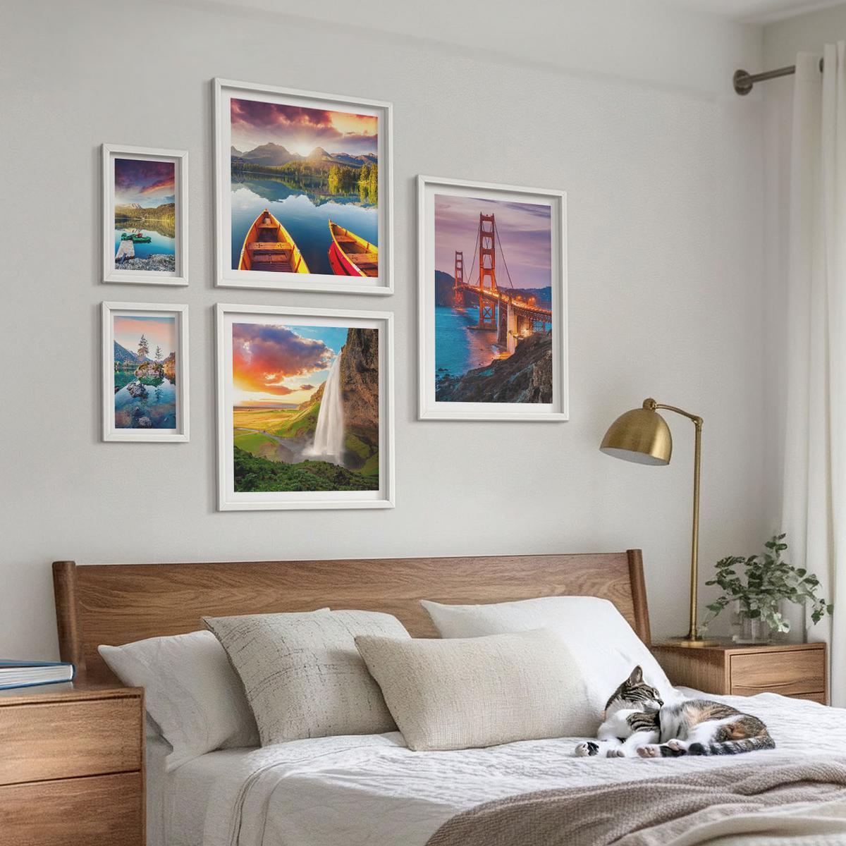 BILDER SET 5er Set - 50x50 cm & 20x30 cm & 40x60 cm Weißer Rahmen - Bergseen, Boote, Brücken - Weiß, Kunststoff (40/60cm) - TULUP