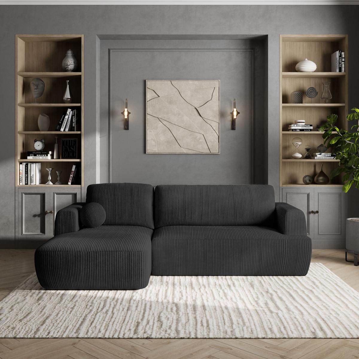 ECKSOFA SENTI P L-S Schwarz Kordstoff mit Schlaffunktion - Schwarz, Holz/Kunststoff (246/148cm) - MASSENO