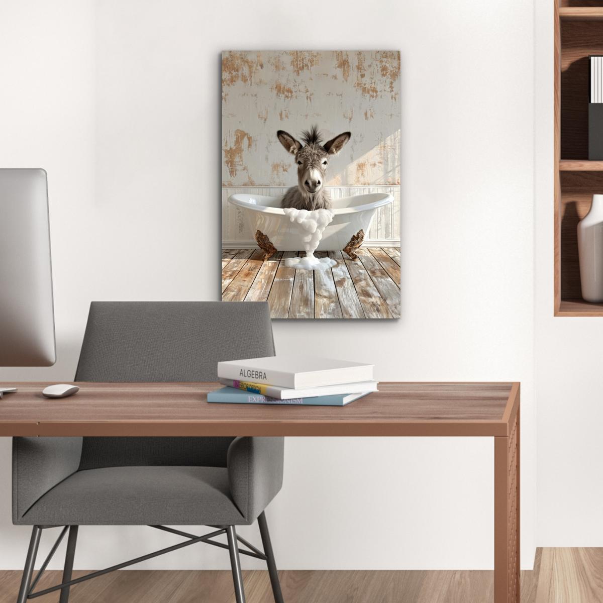 METALLBILD Esel - Tiere - Badewanne - Schaumstoff Deko Schlafzimmer 40x60 cm - Weiß, Metall (40/60cm) - MuchoWow