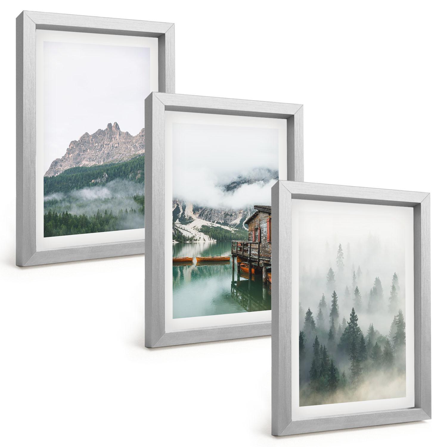 BILDER SET 3er Set - 20x30 cm Silberner Rahmen - Berge, See, Hütte, Nebel - Silberfarben, Kunststoff (20/30cm) - TULUP