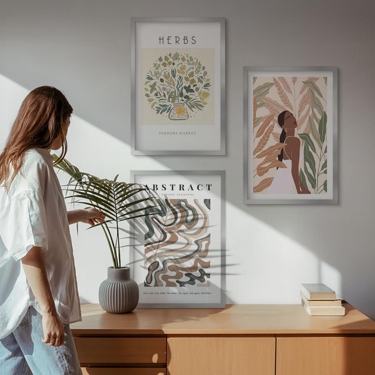 BILDER SET 3er Set - 40x60 cm Silberner Rahmen - Boho-Pastell-Minimalisten-Poster - Silberfarben, Kunststoff (40/60cm) - TULUP