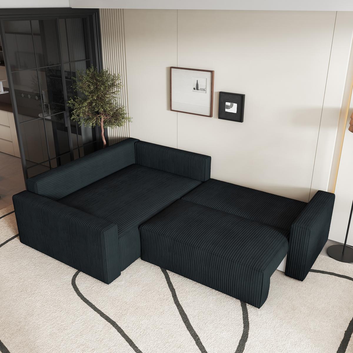 ECKSOFA ERONIS L-S Schwarz Kordstoff mit Schlaffunktion - Schwarz, Holz (265/194cm) - MASSENO