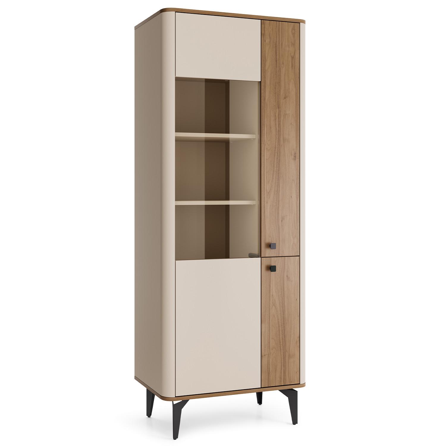 VITRINE Aurora Glasschrank mit Hartglas, ohne LED-Beleuchtung, Nussbaum+Kaschmir - Kaschmir/Nussbaumfarben, Holzwerkstoff/Metall (73/190/40cm) - Beautysofa