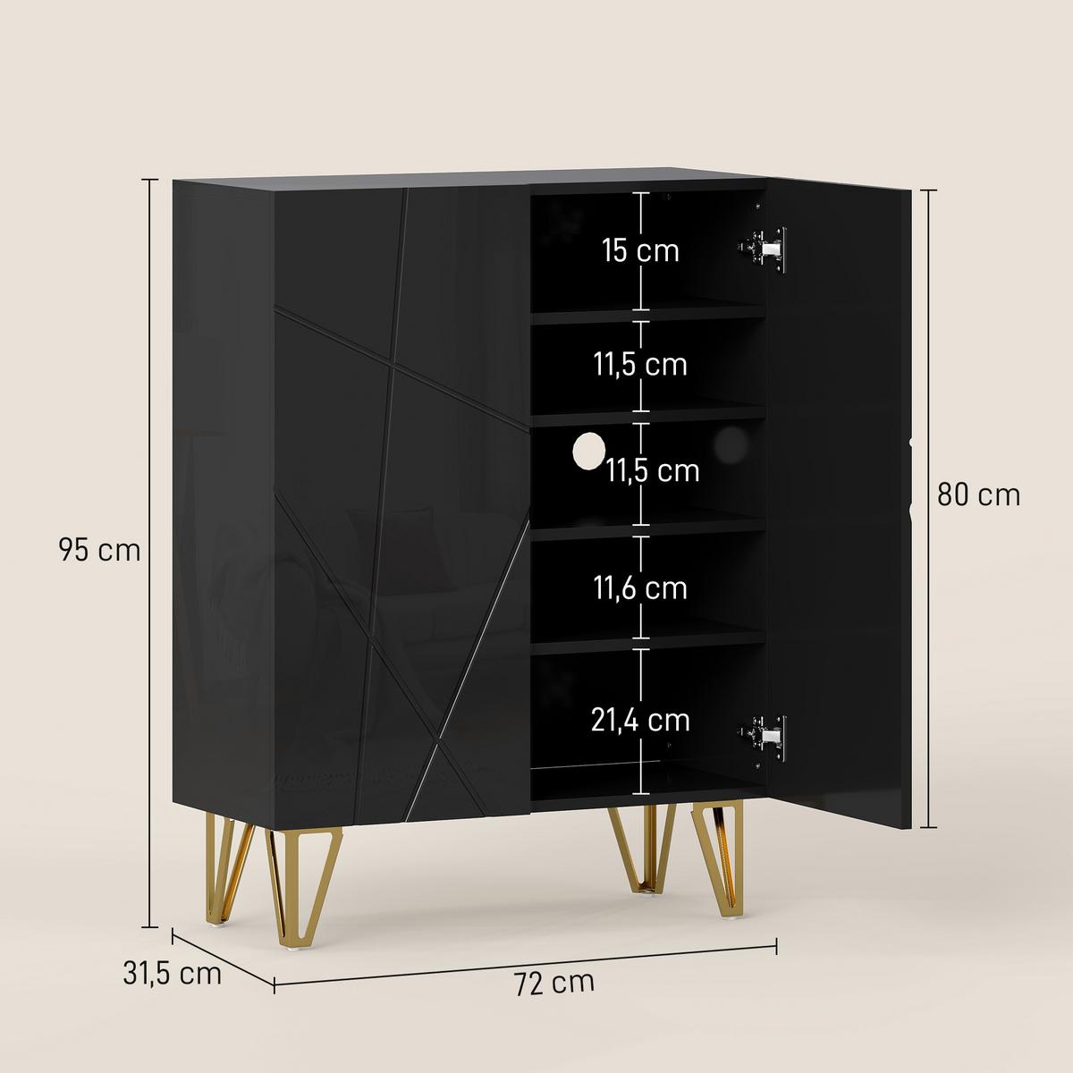 SCHUHSCHRANK mit 2 Türen, Schuhregal, Schuhaufbewahrung mit 3 Ablagen Schwarz - Schwarz Hochglanz/Goldfarben, Holzwerkstoff/Metall (31.5/95/72cm) - HOMCOM