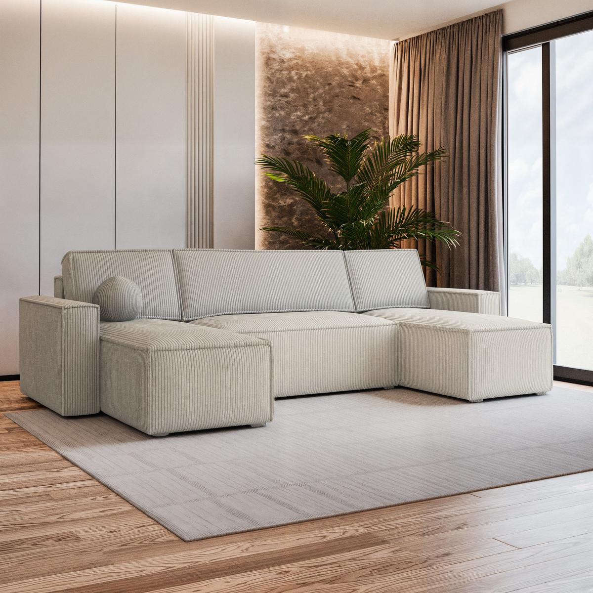 WOHNLANDSCHAFT PESANO P Creme Kordstoff mit Schlaffunktion - Creme/Grau, Holz/Kunststoff (306/85/140cm) - MASSENO