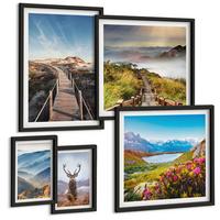BILDER SET 5er Set - 50x50 cm & 20x30 cm & 40x60 cm Schwarzer Rahmen - Berglandschaft, See, Hirsche - Schwarz, Kunststoff (40/60cm) - TULUP