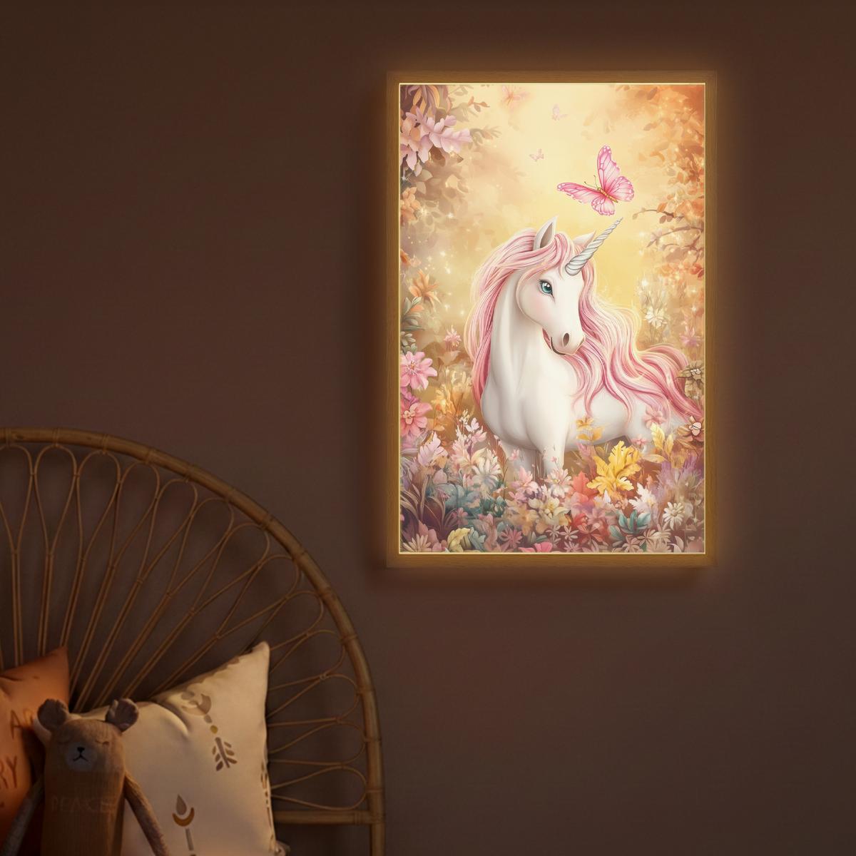 WANDLEUCHTE MIT AKKU Einhorn - Blumen - Schmetterling - Rosa 40x60 cm - Beige, Holzwerkstoff (40/60/8cm) - OnlyWow