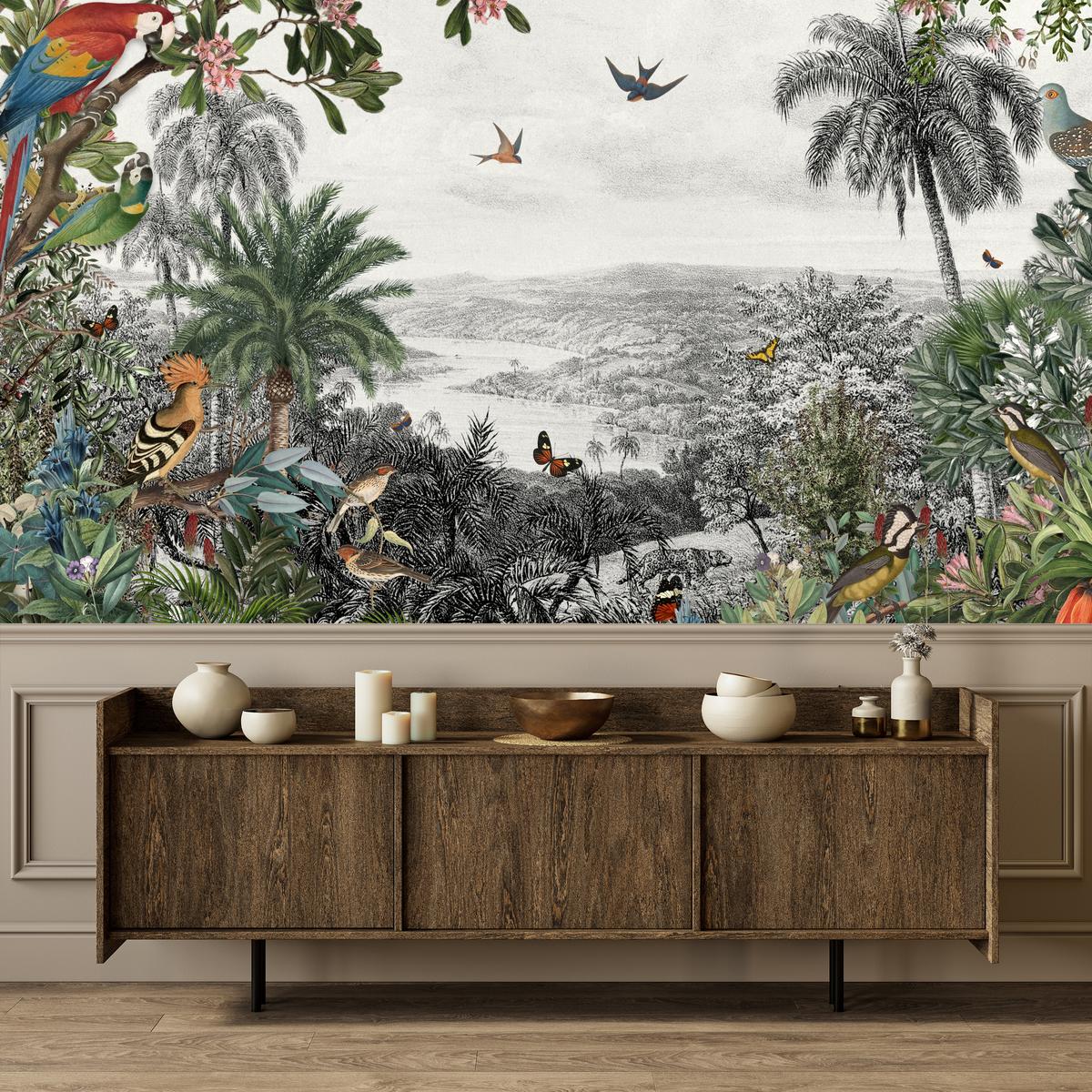 FOTOTAPETE für Wohnzimmer Tropenpapageien Vögel Palmen 250x175 - Gelb/Rot, Papier (250/175cm) - Muralo
