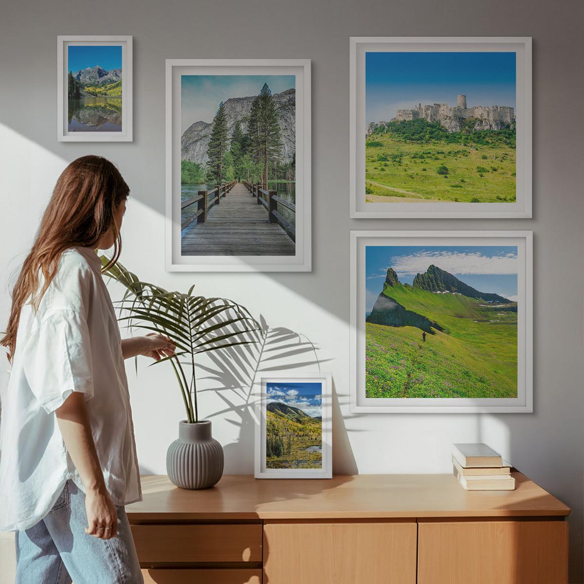 BILDER SET 5er Set - 50x50 cm & 20x30 cm & 40x60 cm Weißer Rahmen - Wasserfälle, Berge, Wolken, Herbst - Weiß, Kunststoff (40/60cm) - TULUP