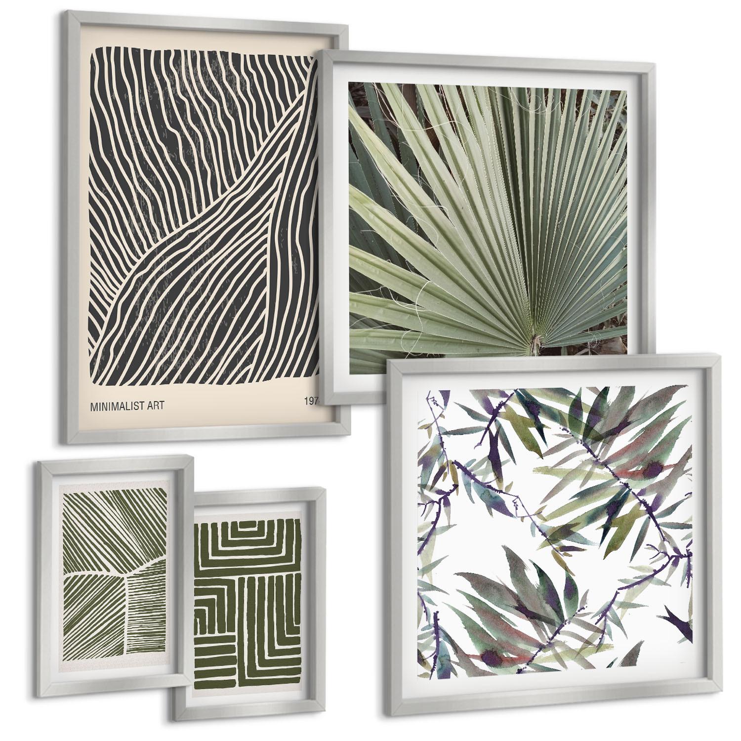 BILDER SET 5er Set - 50x50 cm & 20x30 cm & 40x60 cm Silberner Rahmen - Formmuster in Grün - Silberfarben, Kunststoff (40/60cm) - TULUP