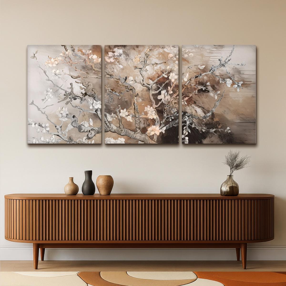 LEINWANDBILD 3er Set Mandelblüte - Abstrakt - Beige 180x80 cm - Beige, Textil (180/80cm) - MuchoWow