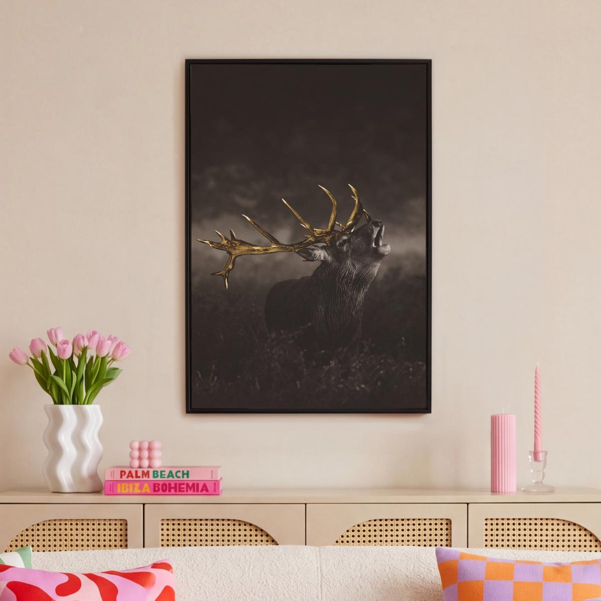 LEINWAND Bilder mit Rahmen - Rotwild - Schwarz - Gold - 60x90 - Braun, Textil (60/90cm) - MuchoWow