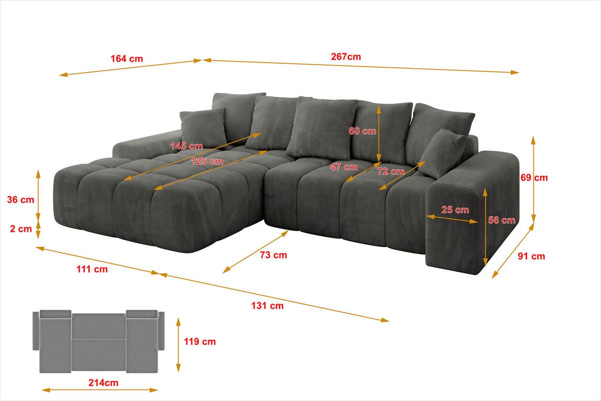 ECKSOFA Ottomane Links ENSI-L - 267x164x69 cm Anthrazit - Anthrazit, Holzwerkstoff/Kunststoff (267/164cm) - ALTDECOR