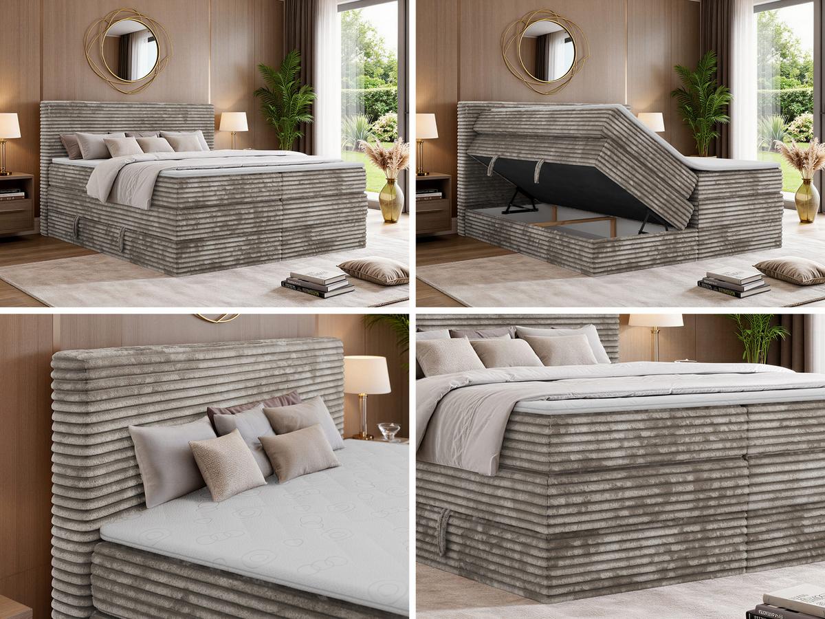 BOXSPRINGBETT TILION KING 140/200 - Hellbraun Cord - Topper Visco - H4 - Hellbraun/Schwarz, Kunststoff/Textil (140/200cm) - MKS