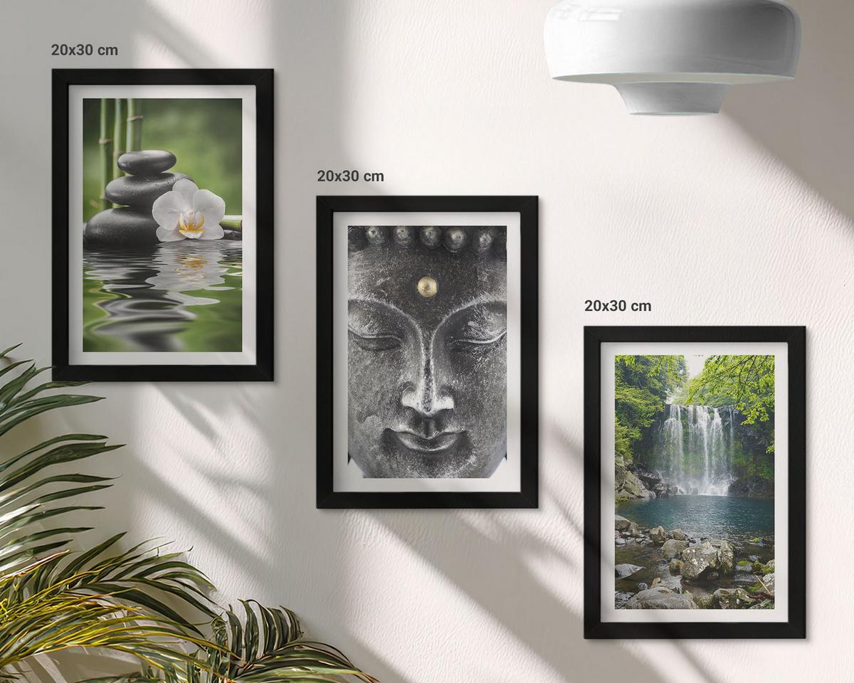 BILDER SET 3er Set - 20x30 cm Schwarzer Rahmen - Harmoniesteine Wasser Buddha - Schwarz, Kunststoff (20/30cm) - TULUP