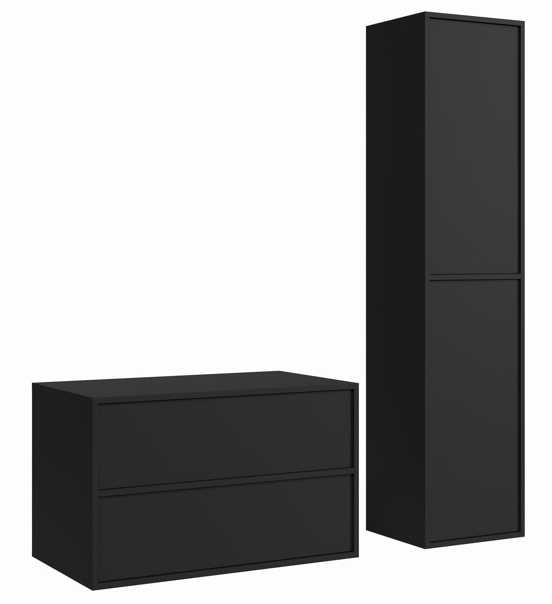 BADMÖBEL-SET Mali 80 cm Schwarz Matt - mit Hochschrank - 80 x 46 x 54 cm - Schwarz, Holz (60/54/46cm) - Badplaats