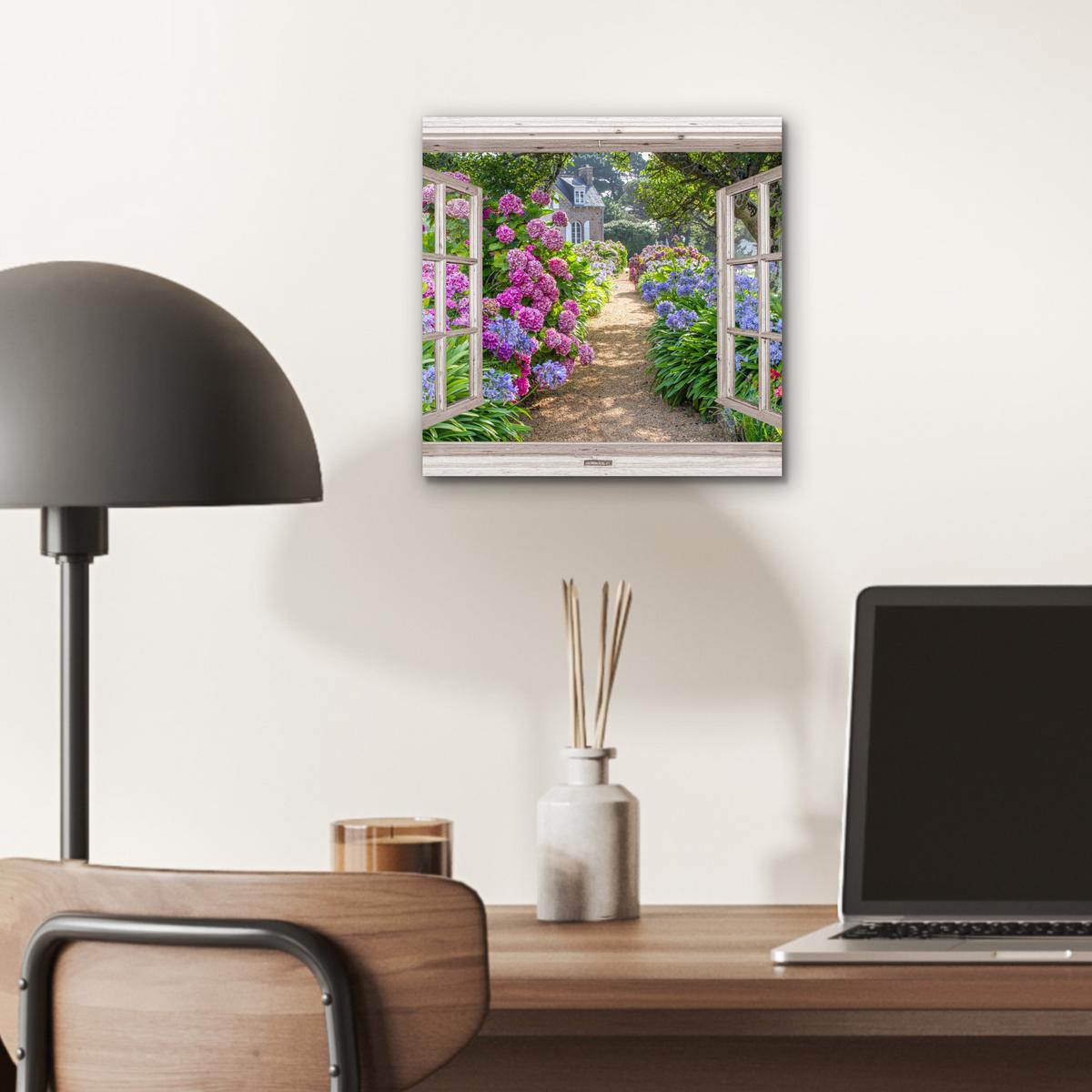 METALLBILD Hortensie - Durchsichtig - Blumen - Sommer - Lila - Weg 20x20 cm - Lila, Metall (20/20cm) - MuchoWow
