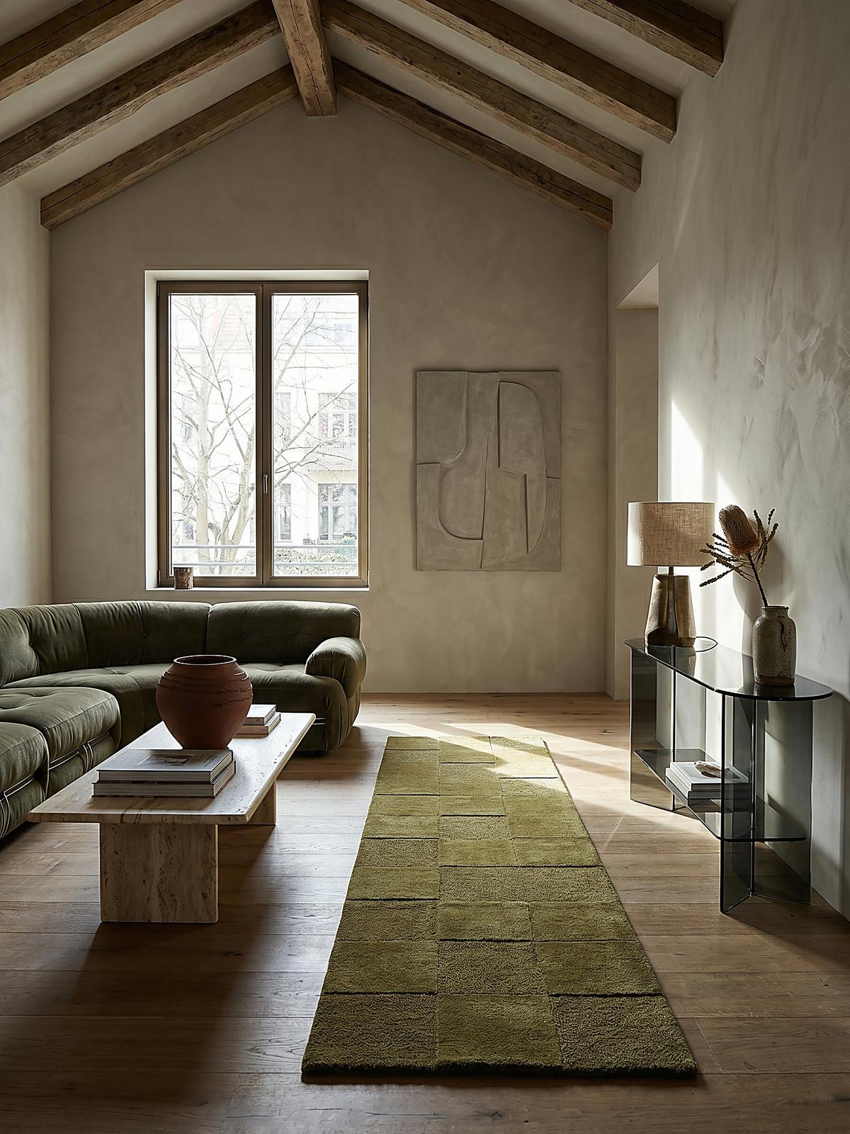 WOLLTEPPICH DEBEN, mit Schachbrettmuster, Grün, 60 x 230 cm - Grün, Textil (230/60cm) - KADIMA DESIGN