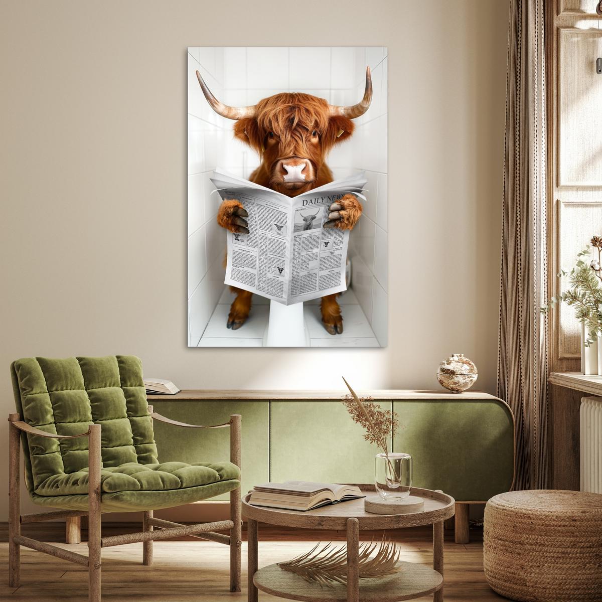 POSTER Schottischer Highlander - Tier - Zeitung - Toilette Wandbild Schlafzimmer 80x120 cm - Kastanienfarben, Papier (80/120/0.1cm) - MuchoWow