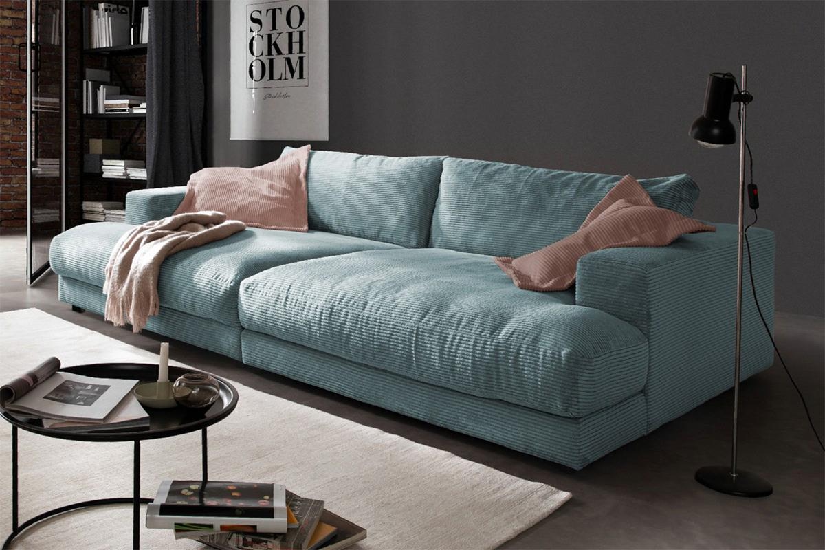 BIG SOFA XL MADELINE Hellblau Cord - Schwarz/Hellblau, Kunststoff/Textil (290/85/190cm) - KAWOLA