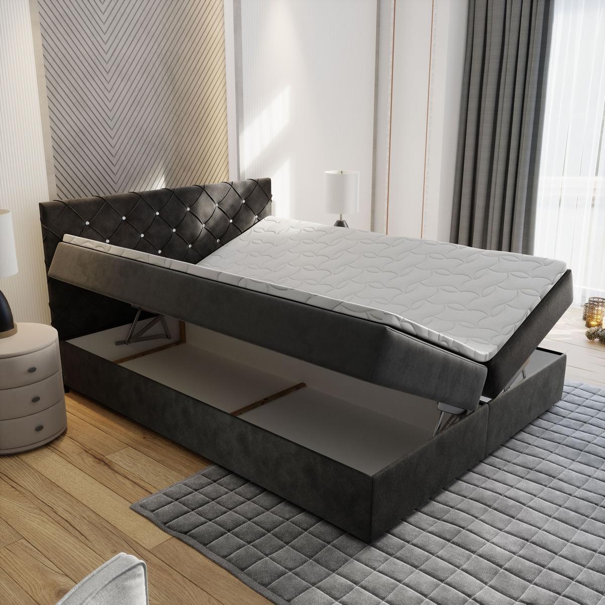 BOXBETT RIVA 180x200 cm mit Matratze und Topper, H2+H3 - Grau - Grau, Holz (180/200cm) - MASSENO