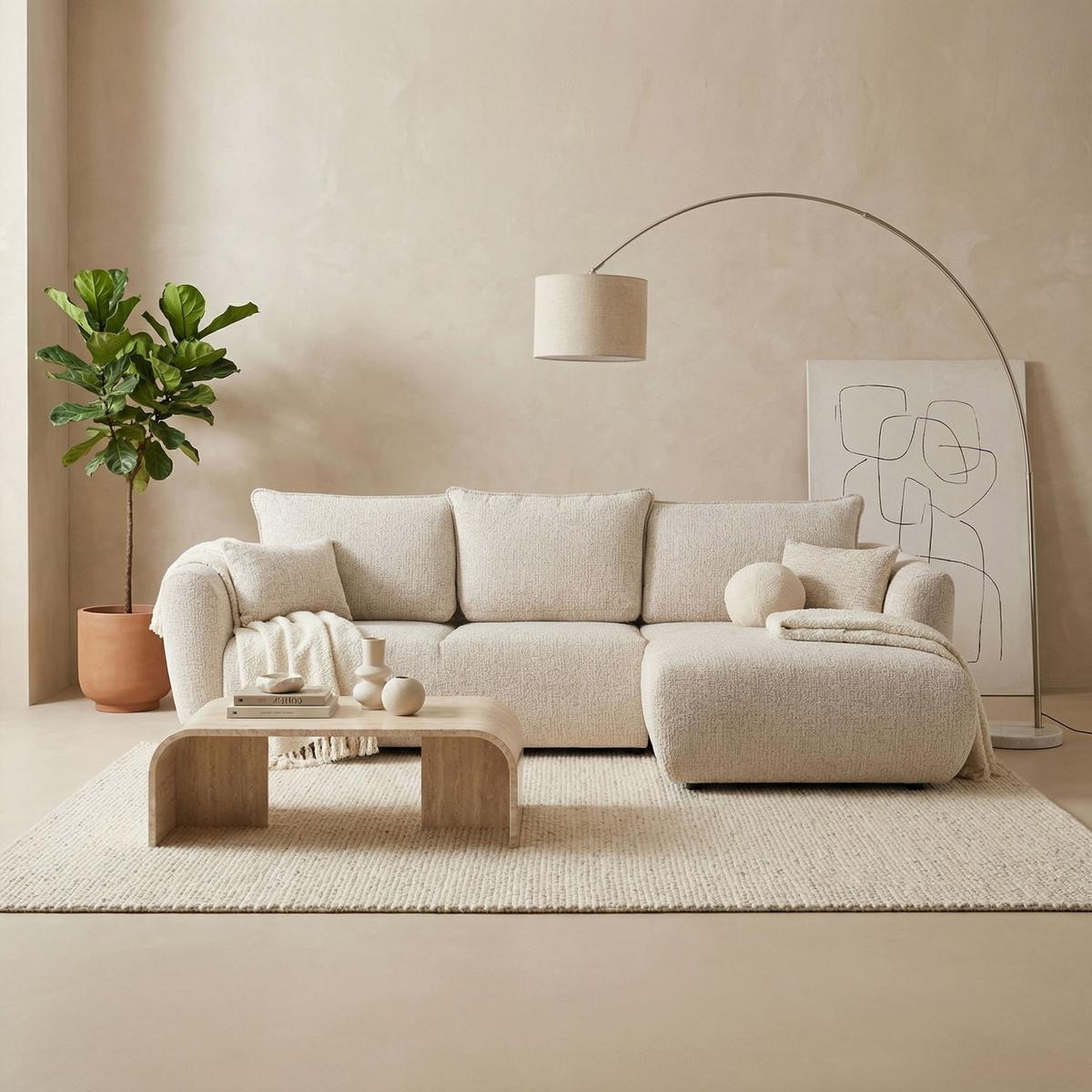 ECKSOFA Fabio mit Bettkasten, Strukturiert Ecru 255/165/91 cm - Ecru/Schwarz, Textil (165/255cm) - WFL GROUP