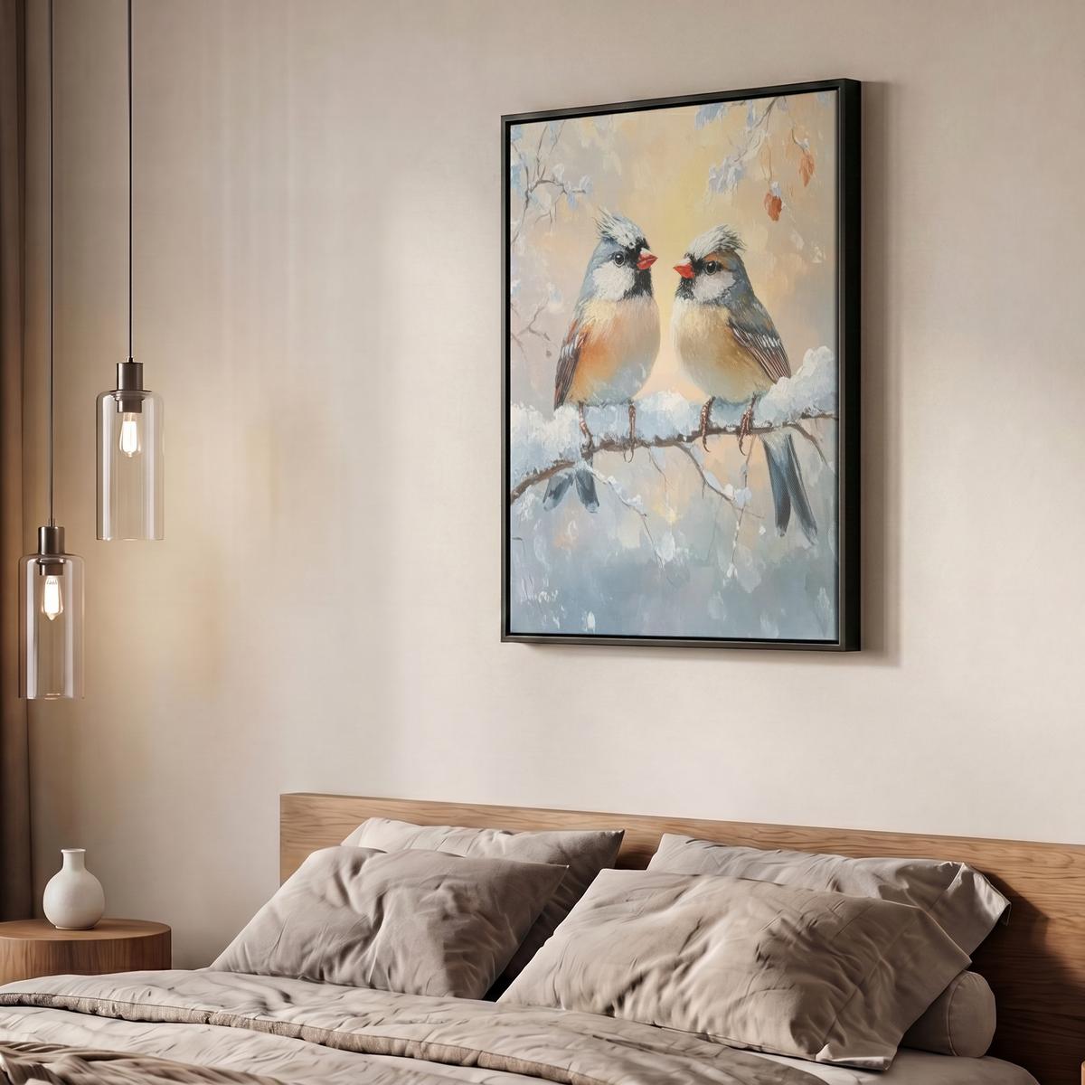 LEINWAND Bilder mit Rahmen - Vögel - Zweig - Winter - Schnee - 60x80 - Pastellblau, Textil (60/80cm) - MuchoWow