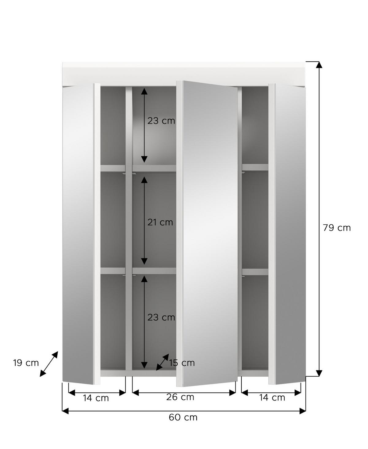 SPIEGELSCHRANK weiß Hochglanz 60 cm, Badschrank 3-türig - Weiß Hochglanz/Silberfarben, Glas/Holzwerkstoff (60/79/18cm) - Inn.Furn