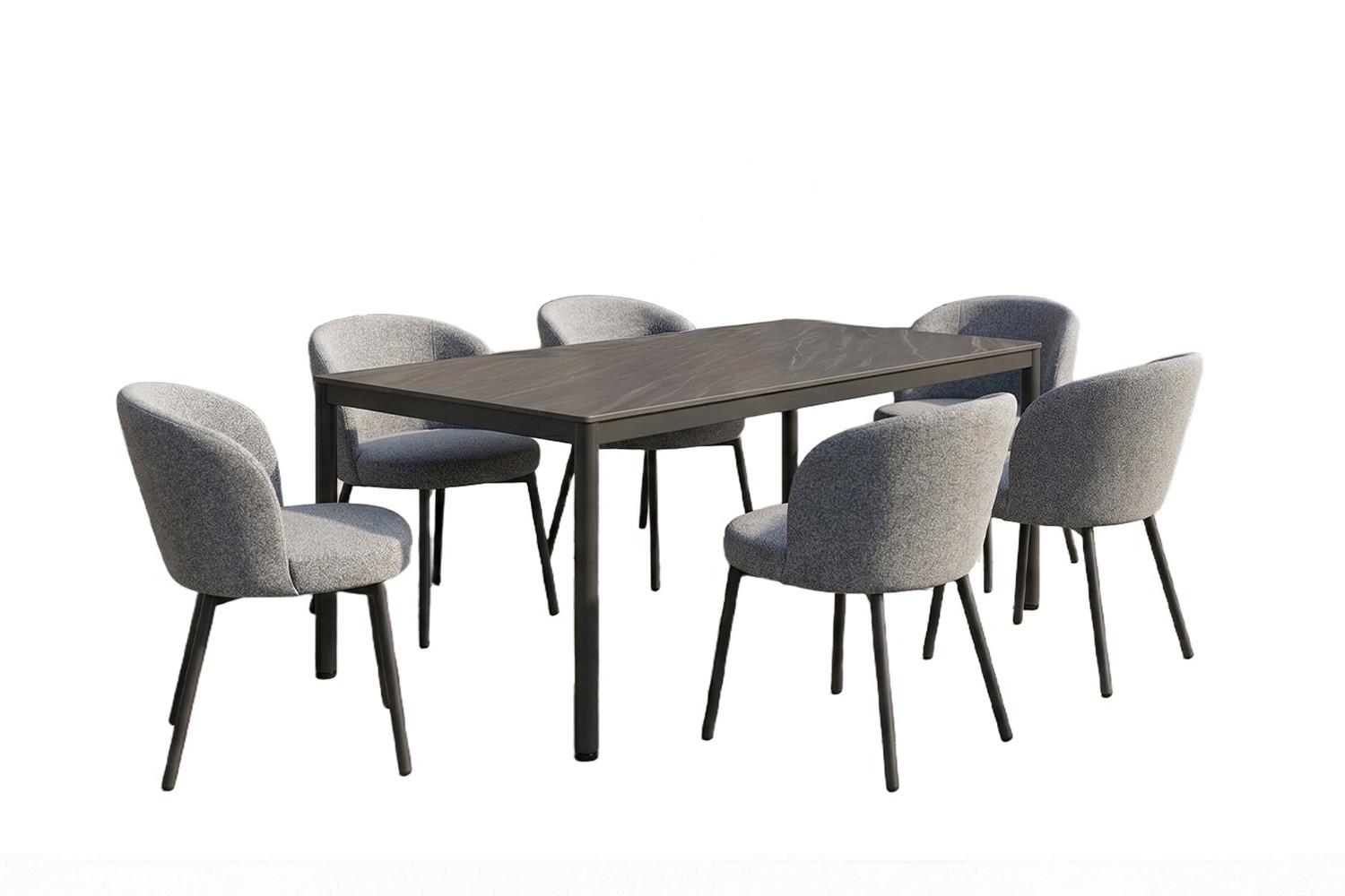 GARTEN-ESSGRUPPE INDUS 7ER SET Grau Keramik, Flachgewebe - Grau, Keramik - KAWOLA