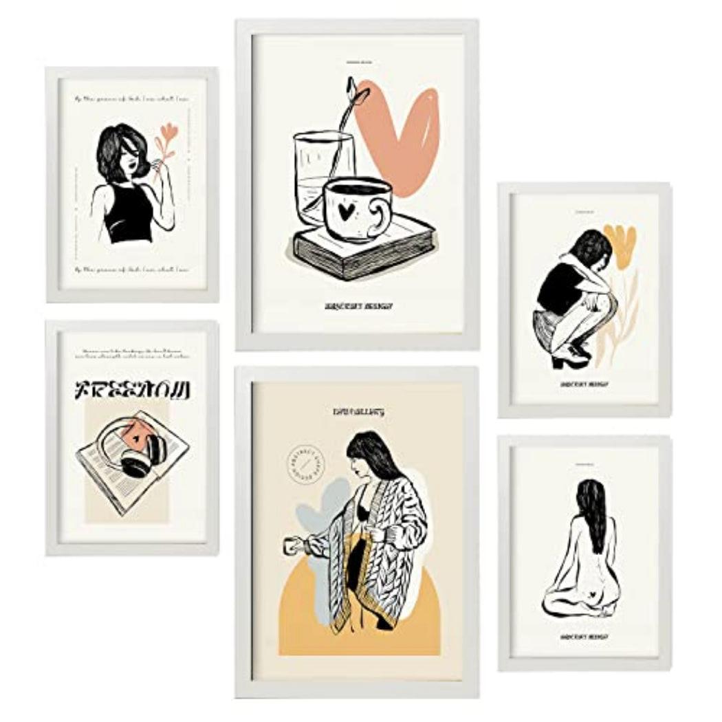 POSTER Set Mit 6 In Schwarzer Tinte Liebe Kunstdrucke Im Skizzenstil Für Innenarchitektur A3 & A4 Weißer Rahmen - Weiß, Papier (29/3cm) - Nacnic