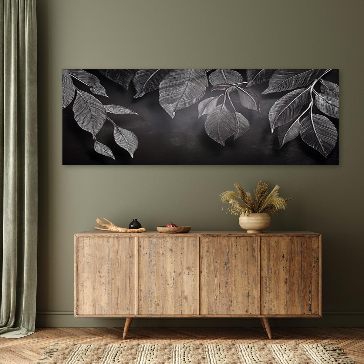 WANDBILD minimalismus hinterlässt pflanzen schwarz und weiß - Grau, Textil (90/30cm) - Feeby
