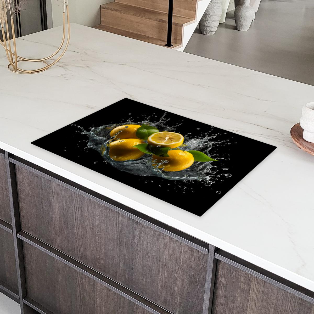 HERDABDECKPLATTE Zitrone - Obst - Gelb - Schwarz Induktionsschutz 81.6x52.7 cm - Gelb, Kunststoff (81.6/52.7/0.2cm) - MuchoWow