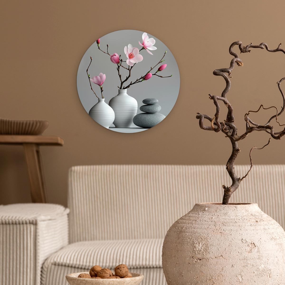 WANDBILD Magnolie - Blumen - Rosa - Zen-Steine Deko Wohnzimmer 30x30 cm - Hellgrau, Kunststoff (30/30cm) - MuchoWow