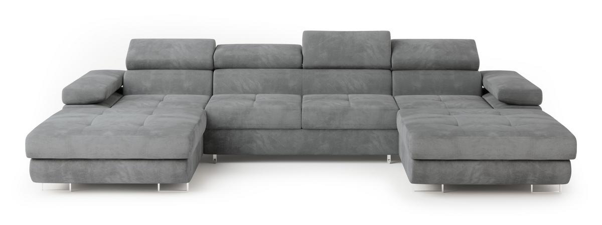 WOHNLANDSCHAFT LYKKE Grau Velours-Stoff mit Schlaffunktion - Grau, Holz (353/90/202cm) - MASSENO