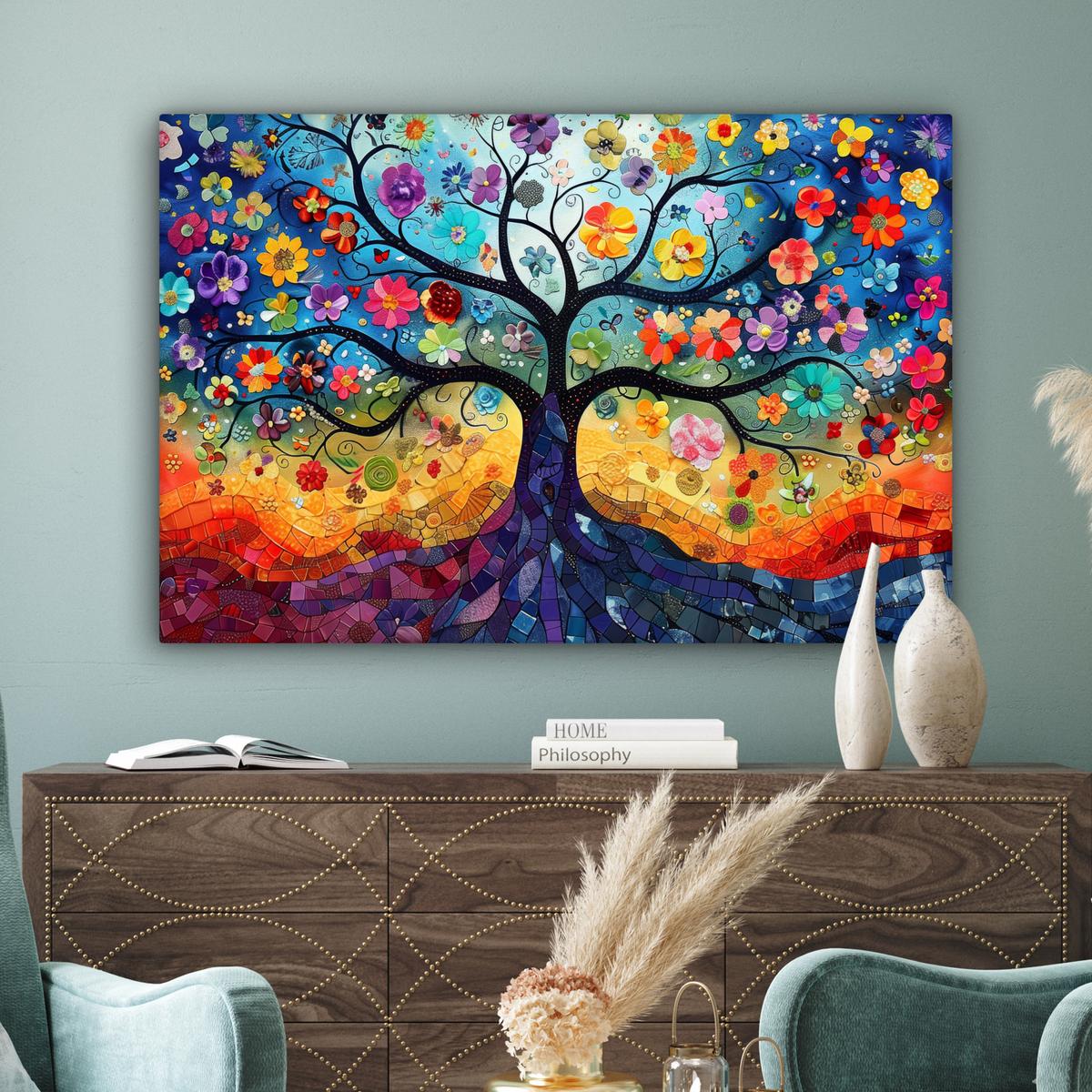 LEINWANDBILD Kunst - Baum des Lebens - Blumen - Hippie Groß 140x90 cm - Dunkelblau, Textil (140/90cm) - MuchoWow