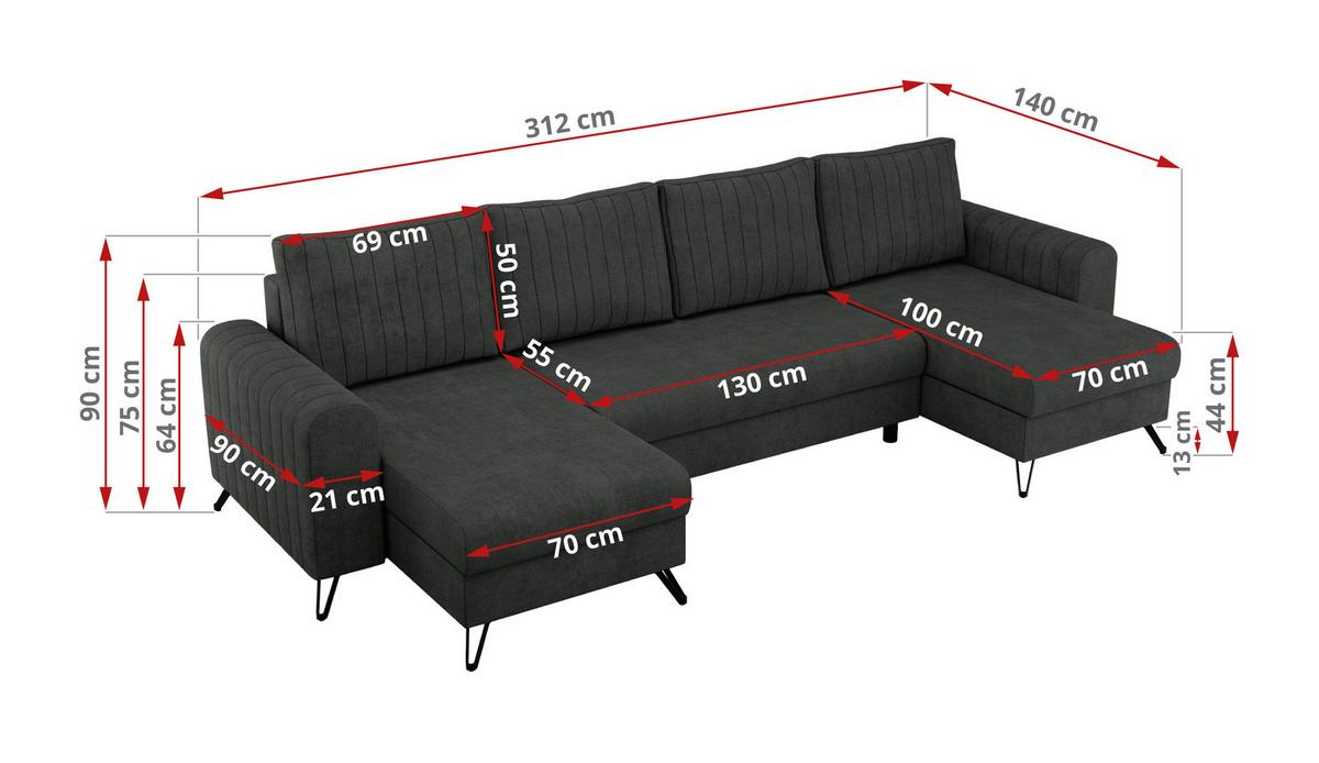WOHNLANDSCHAFT AXEL U Struktur Dunkelgrau - Anthrazit/Schwarz, Textil/Metall (312/90/140cm) - MKS