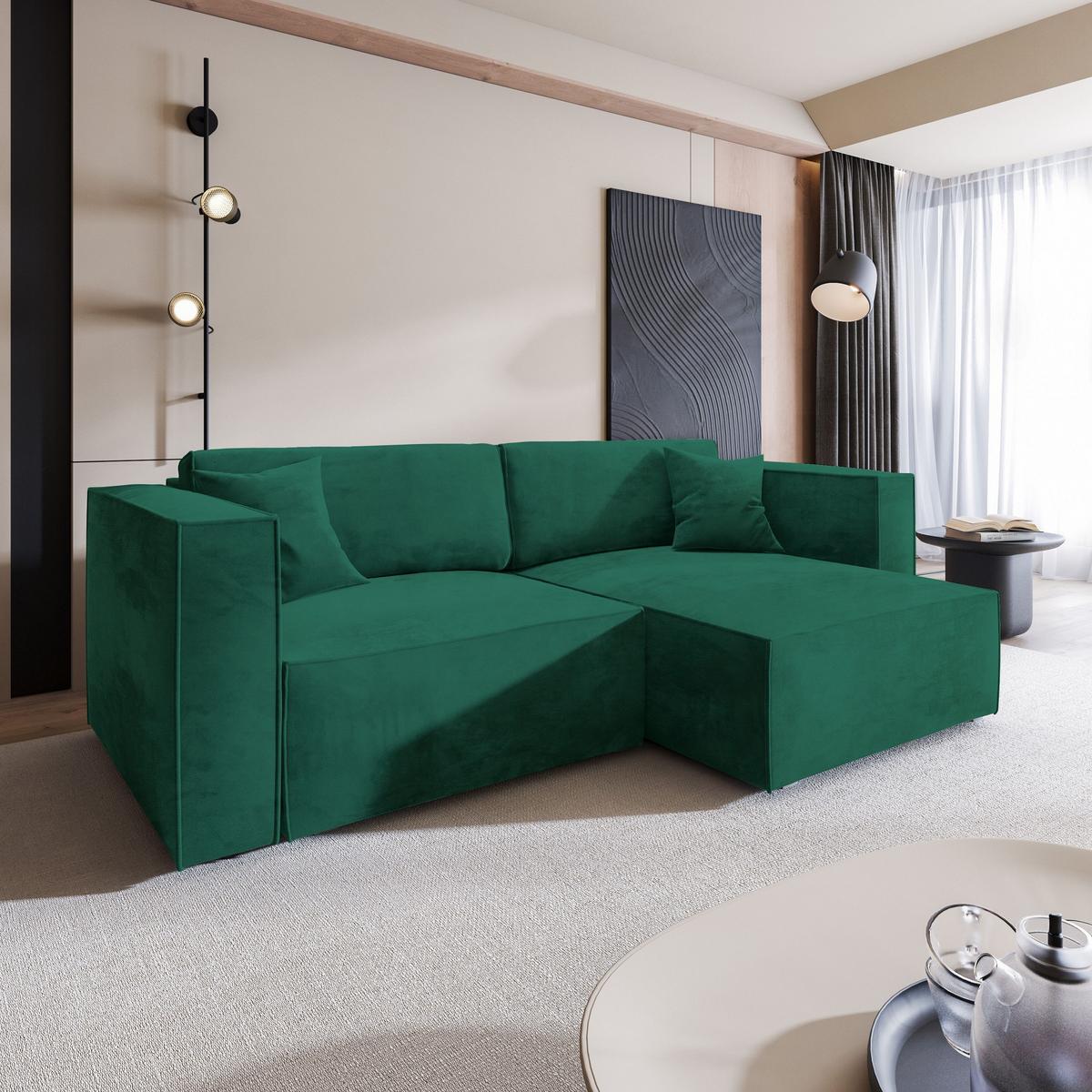 ECKSOFA NERIO M Grün Velours-Stoff mit Schlaffunktion - Grau/Grün, Holz/Kunststoff (245/148cm) - MASSENO
