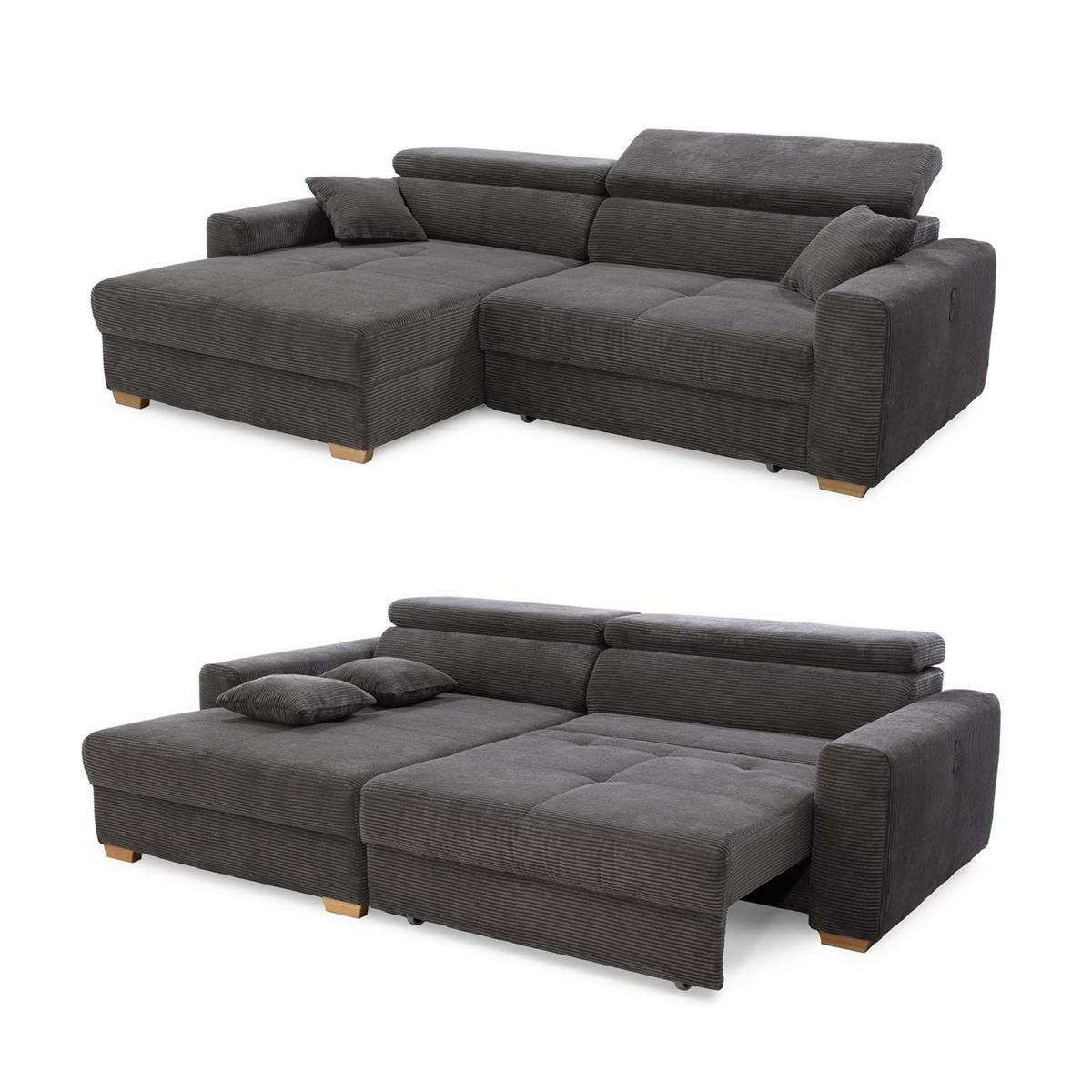 ECKSOFA mit elektrischer Sitztiefenverstellung, Kopflehnen verstellbar, USB-A und USB-C Ladefunktion B277/T187/H109 cm, Cord Dunkelgrau / 15402 - Dunkelgrau/Eichefarben, Eichenholz/Textil (277/187cm) - luma-home