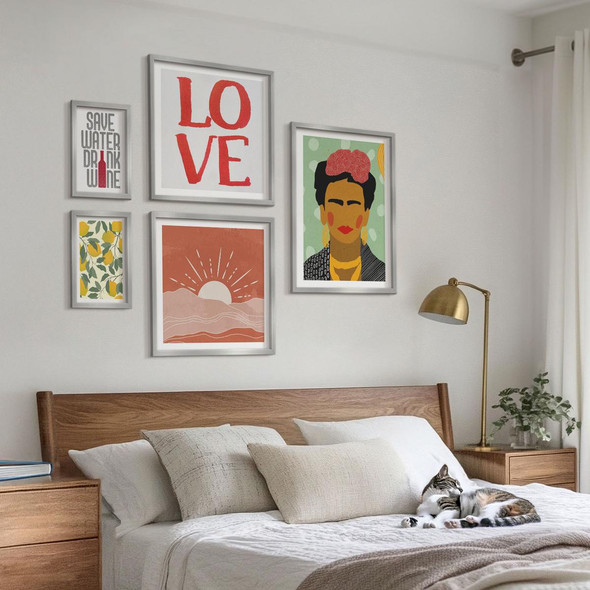 BILDER SET 5er Set - 50x50 cm & 20x30 cm & 40x60 cm Silberner Rahmen - Zitronen Inschrift Liebeslandschaft Frida - Silberfarben, Kunststoff (40/60cm) - TULUP