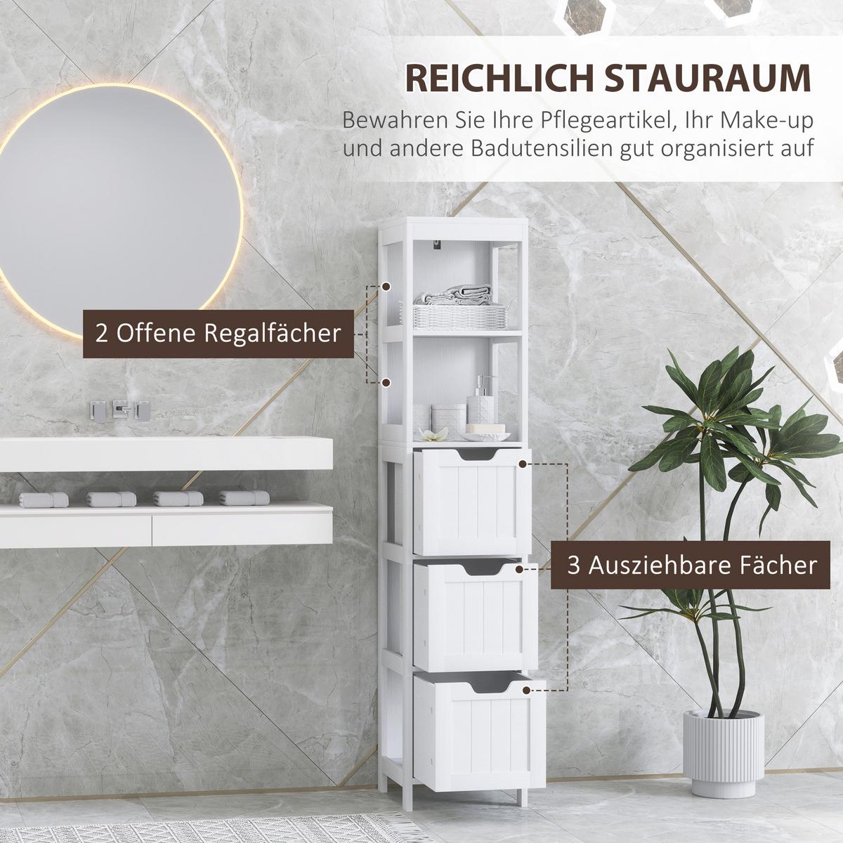 BADEZIMMERSCHRANK Badschrank Bad Hochschrank mit 3 Schubladen, 2 offenen Fächern - Weiß, Holz (30/142.4/30cm) - HOMCOM