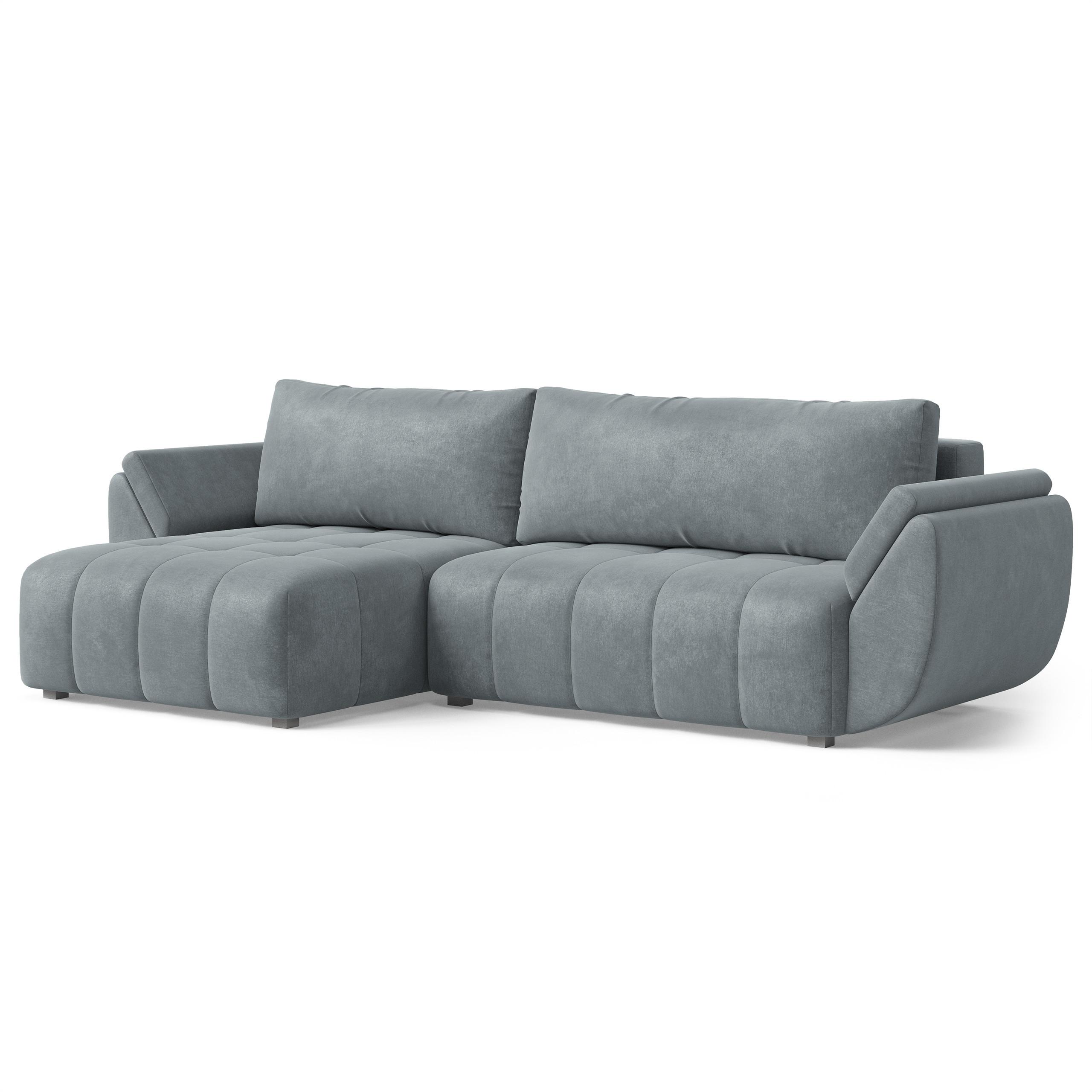 ECKSOFA OLSI Grau Velours-Stoff mit Schlaffunktion - Grau, Holz (285/148cm) - MASSENO