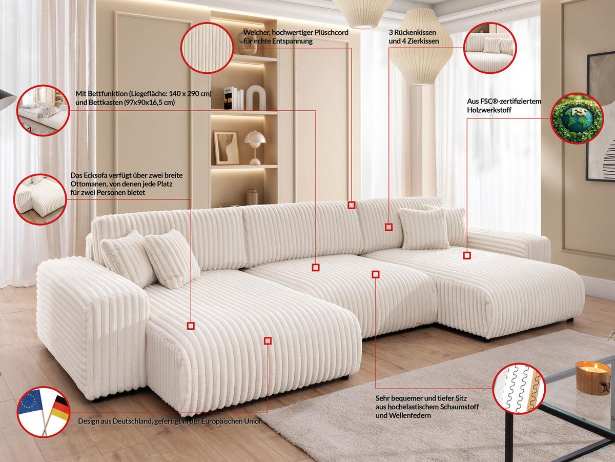 WOHNLANDSCHAFT Mollis Hellbeige Plüschcord mit Schlaffunktion - Beige/Schwarz, Holz/Kunststoff (350/77/168cm) - S-Style Möbel