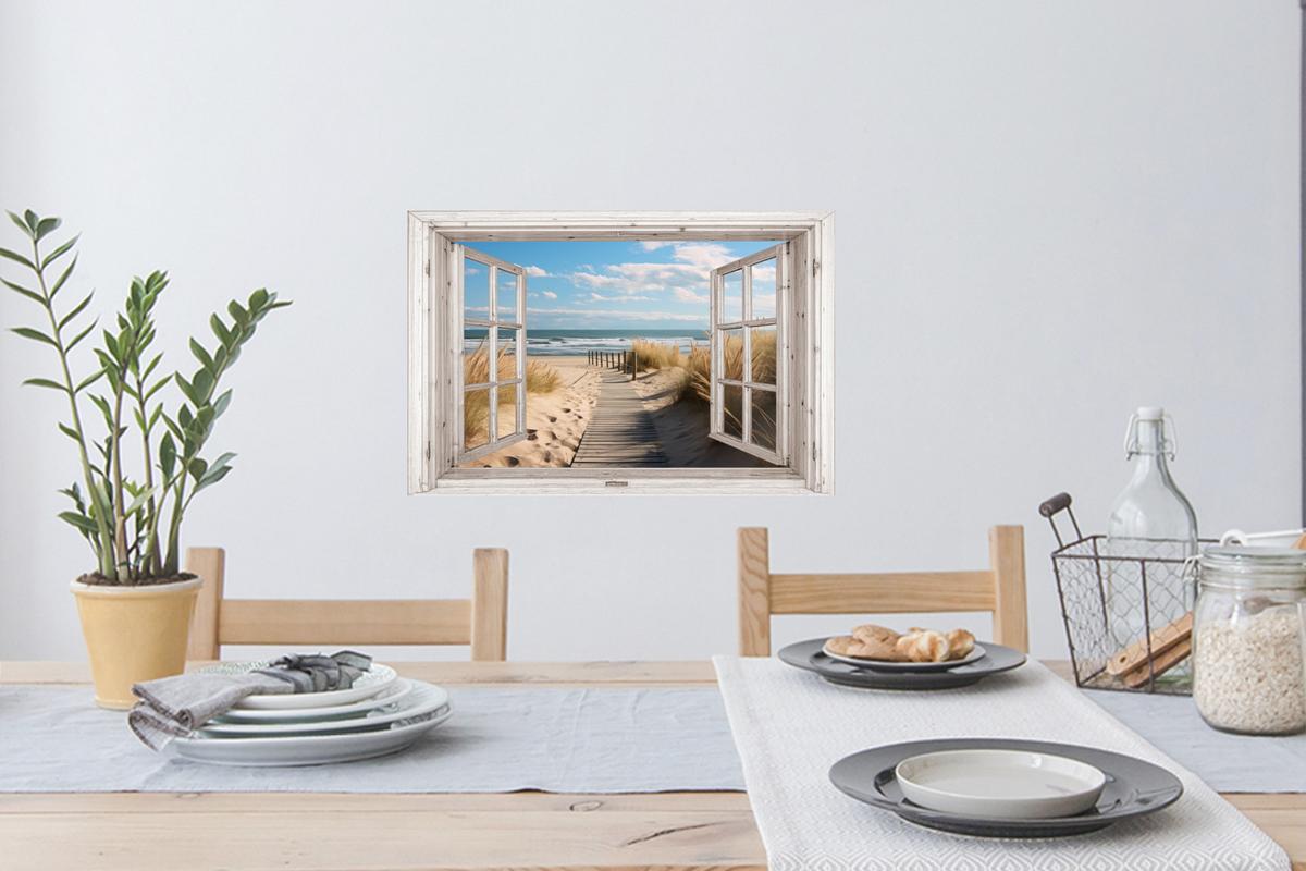 WANDTATTOO Fenster - Meer - Küste - Natur - Ausblick - Strand - Wattenmeer Deko Wohnzimmer 60x40 cm - Beige, Kunststoff (60/40/0.1cm) - MuchoWow