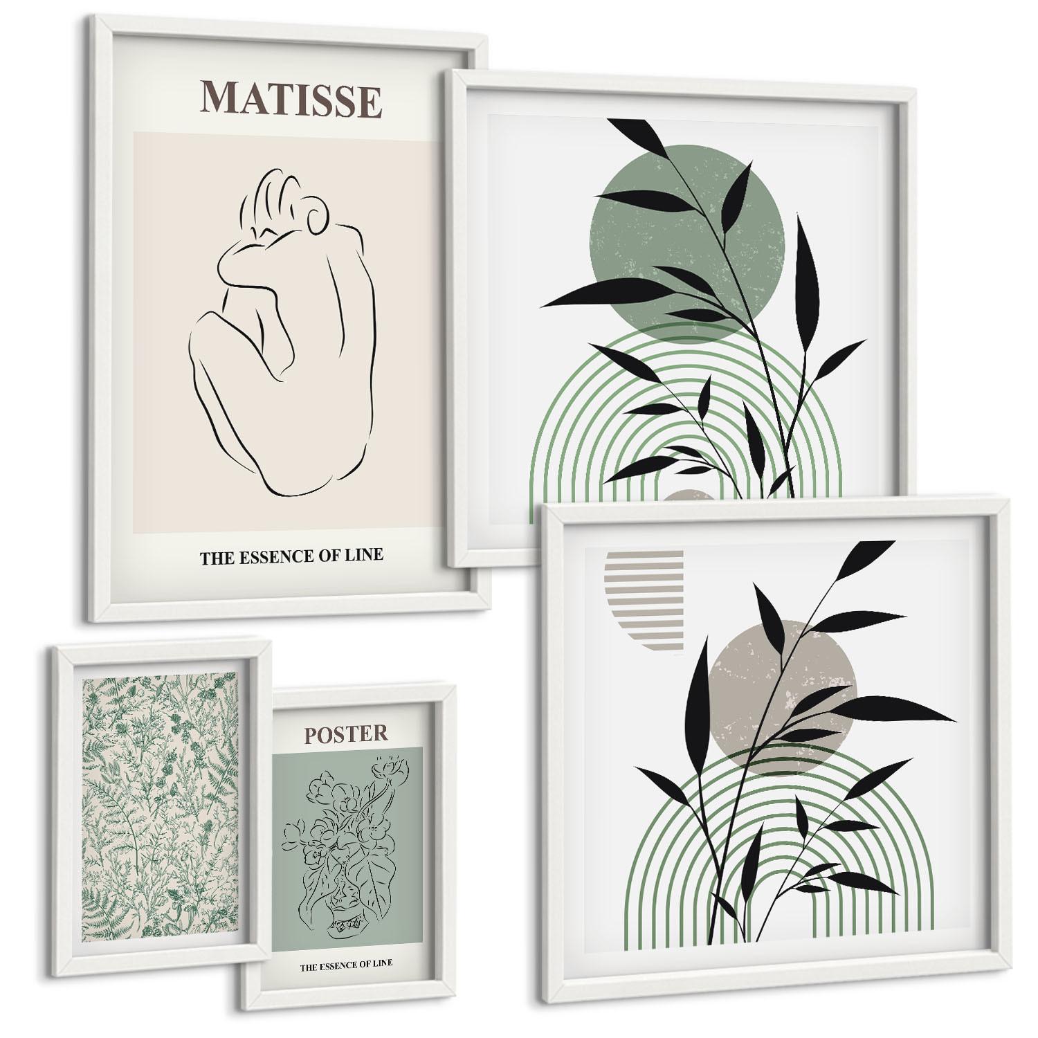 BILDER SET 5er Set - 50x50 cm & 20x30 cm & 40x60 cm Weißer Rahmen - Linien, Pflanzenmuster, Minimalismus - Weiß, Kunststoff (40/60cm) - TULUP