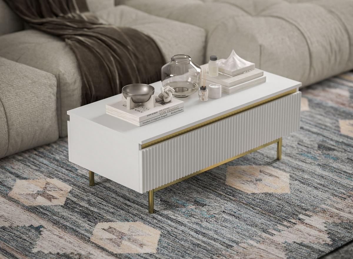COUCHTISCH Selene Weiß matt 109 cm mit Metallrahmen - Goldfarben/Weiß, Holzwerkstoff/Metall (50/109/39cm) - Meble Lindner