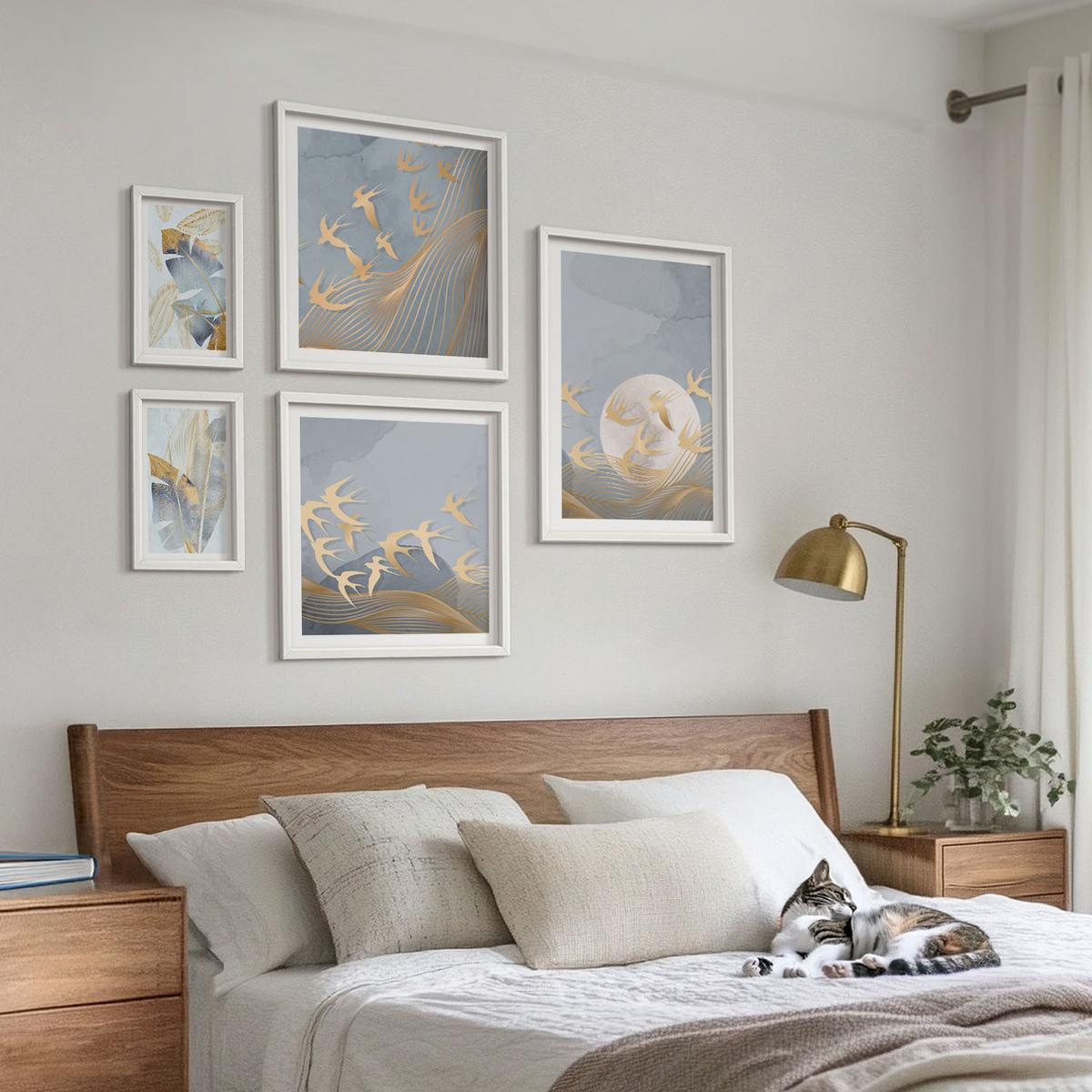 BILDER SET 5er Set - 50x50 cm & 20x30 cm & 40x60 cm Weißer Rahmen - Blaubeige Blätter im Hintergrund - Weiß, Kunststoff (40/60cm) - TULUP