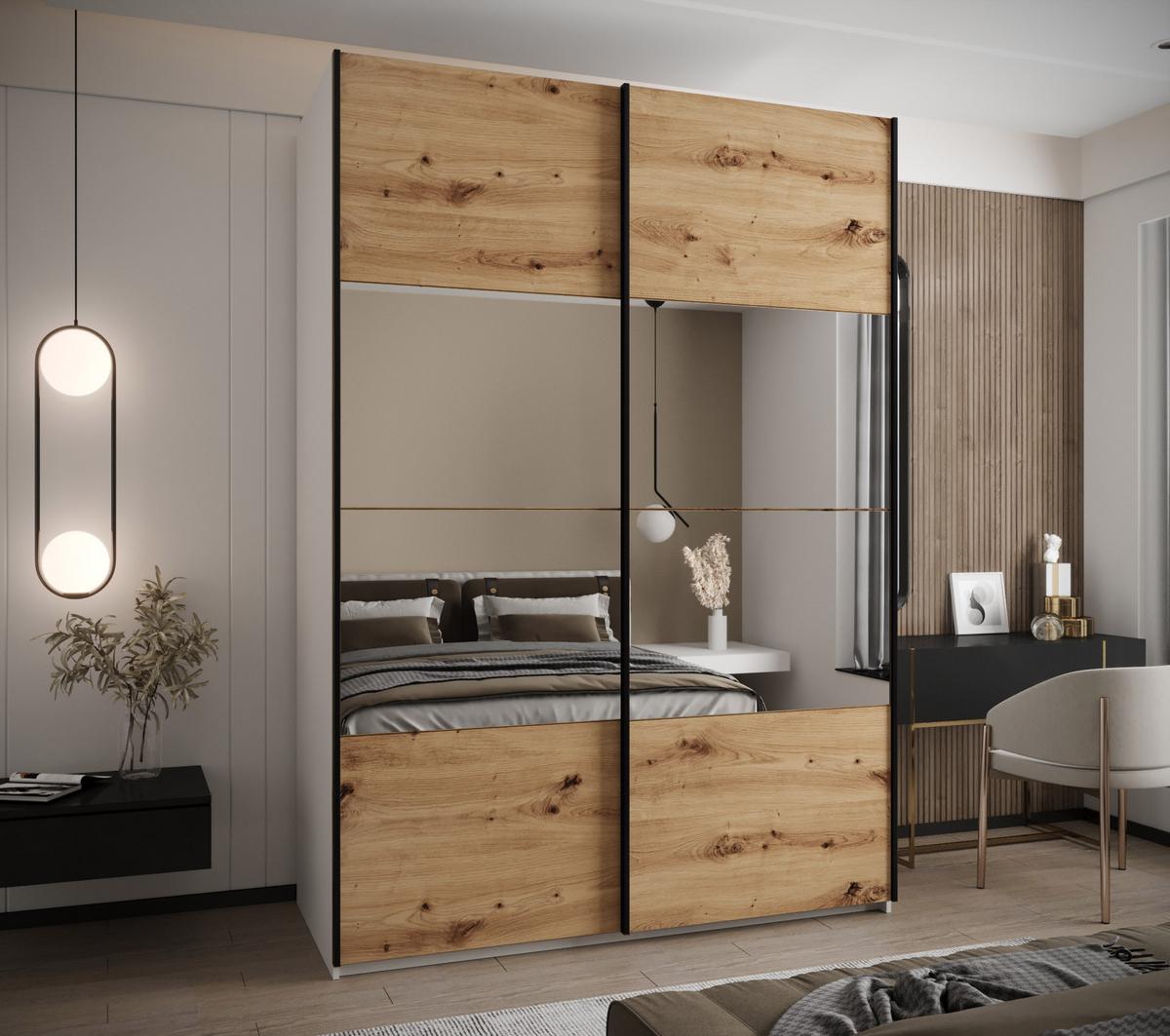 SCHWEBETÜRENSCHRANK 245,5/180/64 2-türig - Schwarz/Eiche Artisan, Holz/Metall (180/245/64cm) - Abiks Möbel